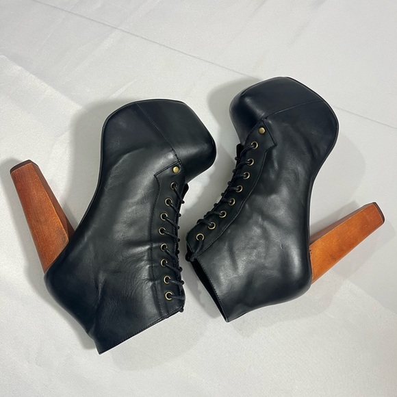 Jeffrey Campbell Lita Ankle Boots Black Leather Wooden Heel Lace-up Women’s 8 - Picture 5 of 13
